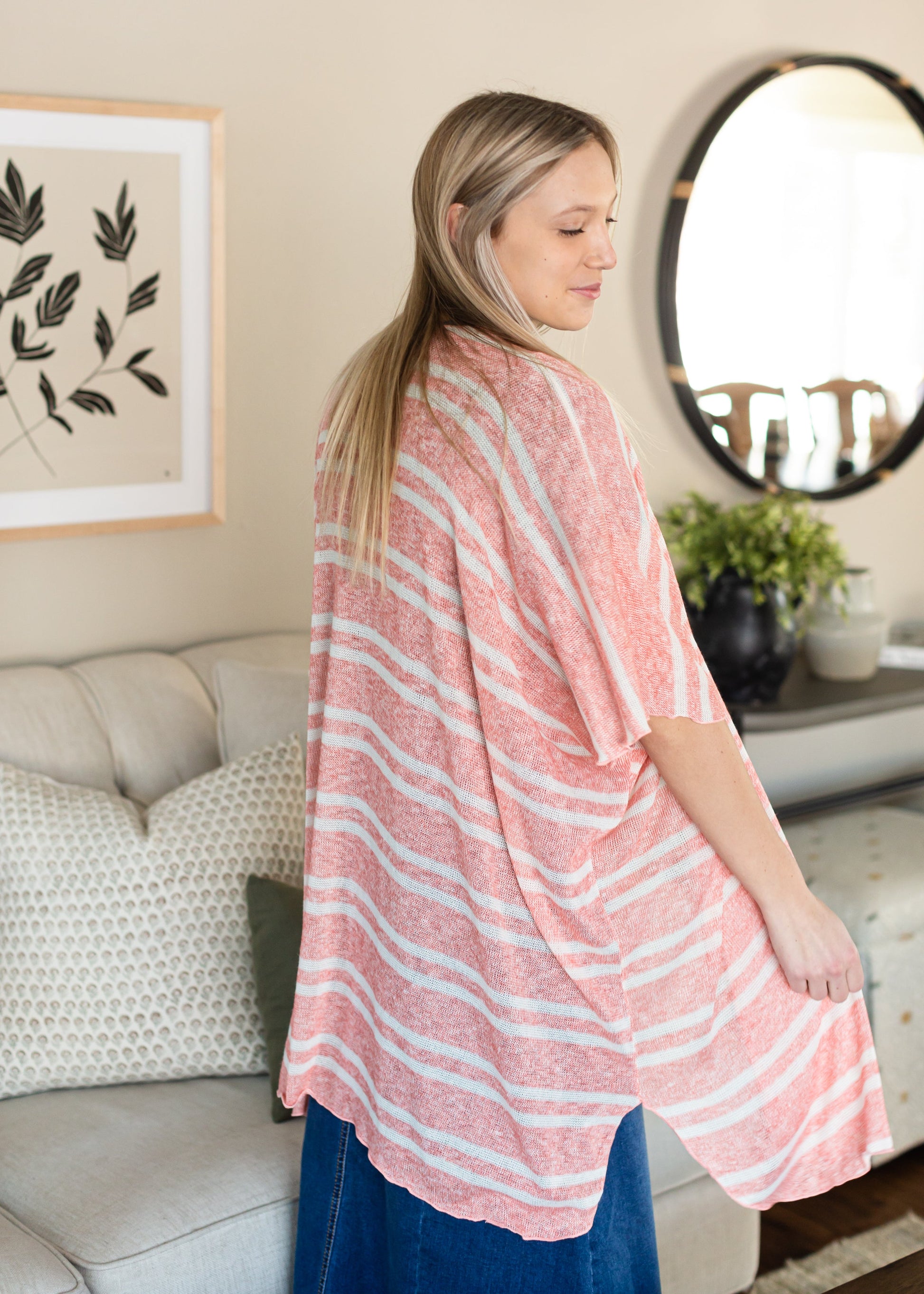 Coral and White Lightweight Striped Cardigan - FINAL SALE Tops