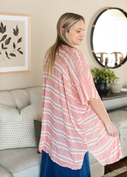 Coral and White Lightweight Striped Cardigan - FINAL SALE Tops