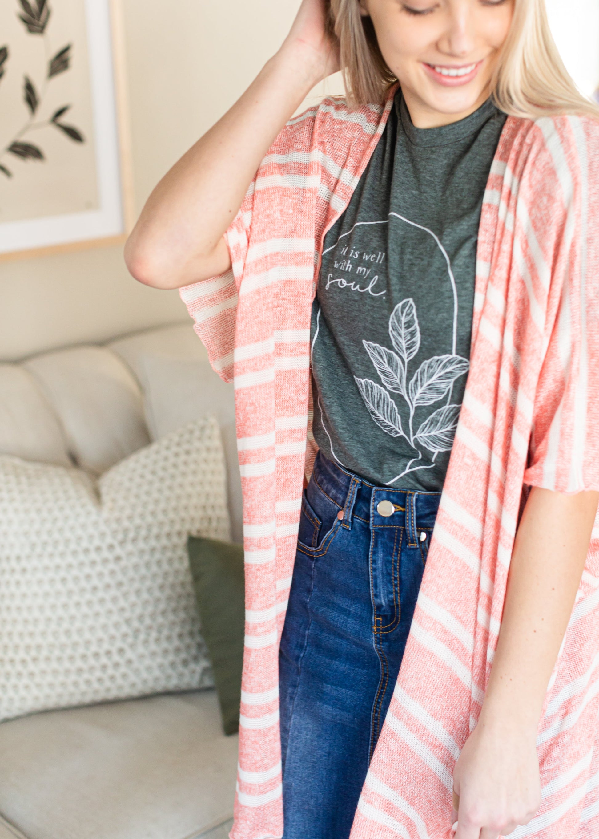 Coral and White Lightweight Striped Cardigan - FINAL SALE Tops