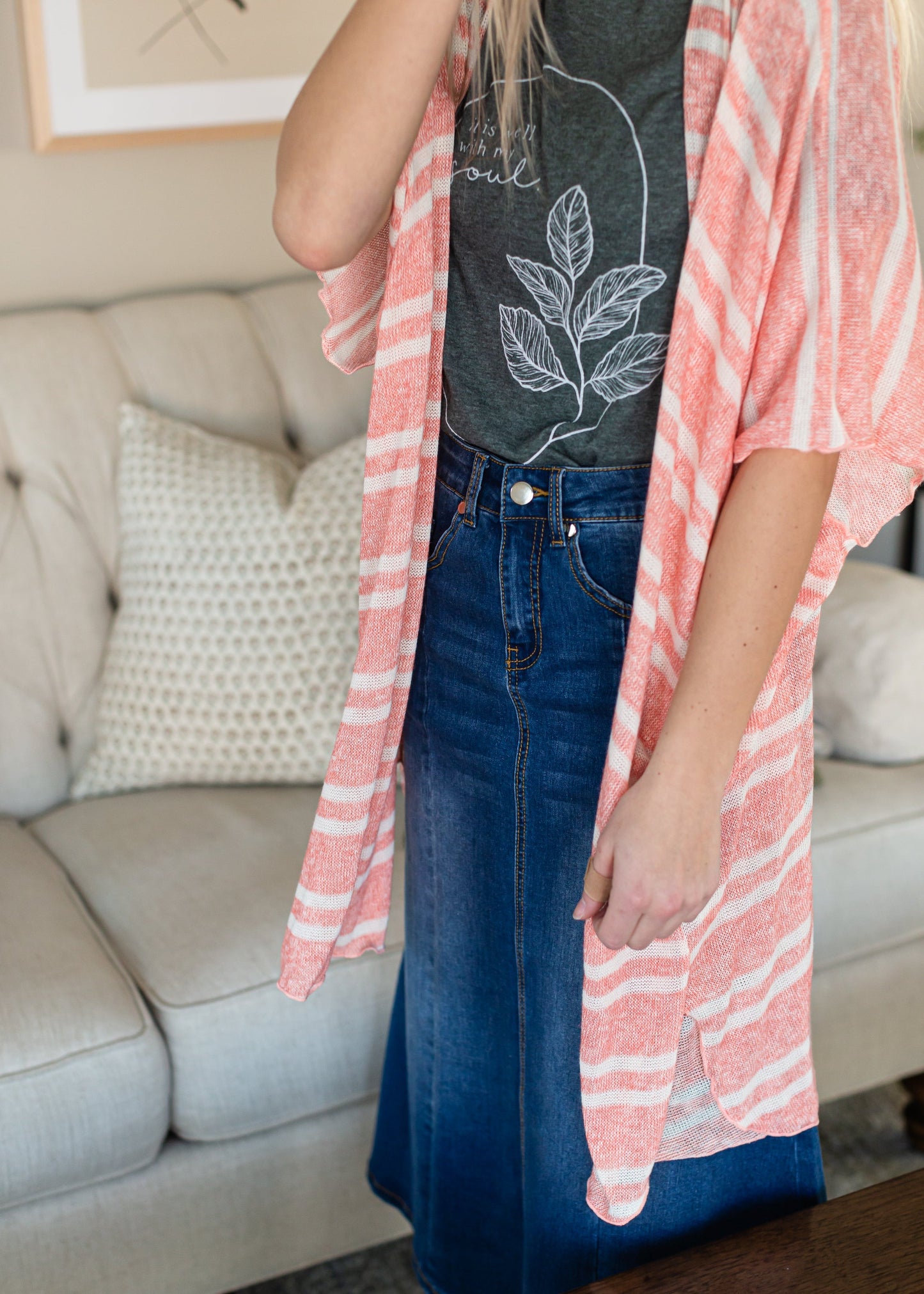 Coral and White Lightweight Striped Cardigan - FINAL SALE Tops