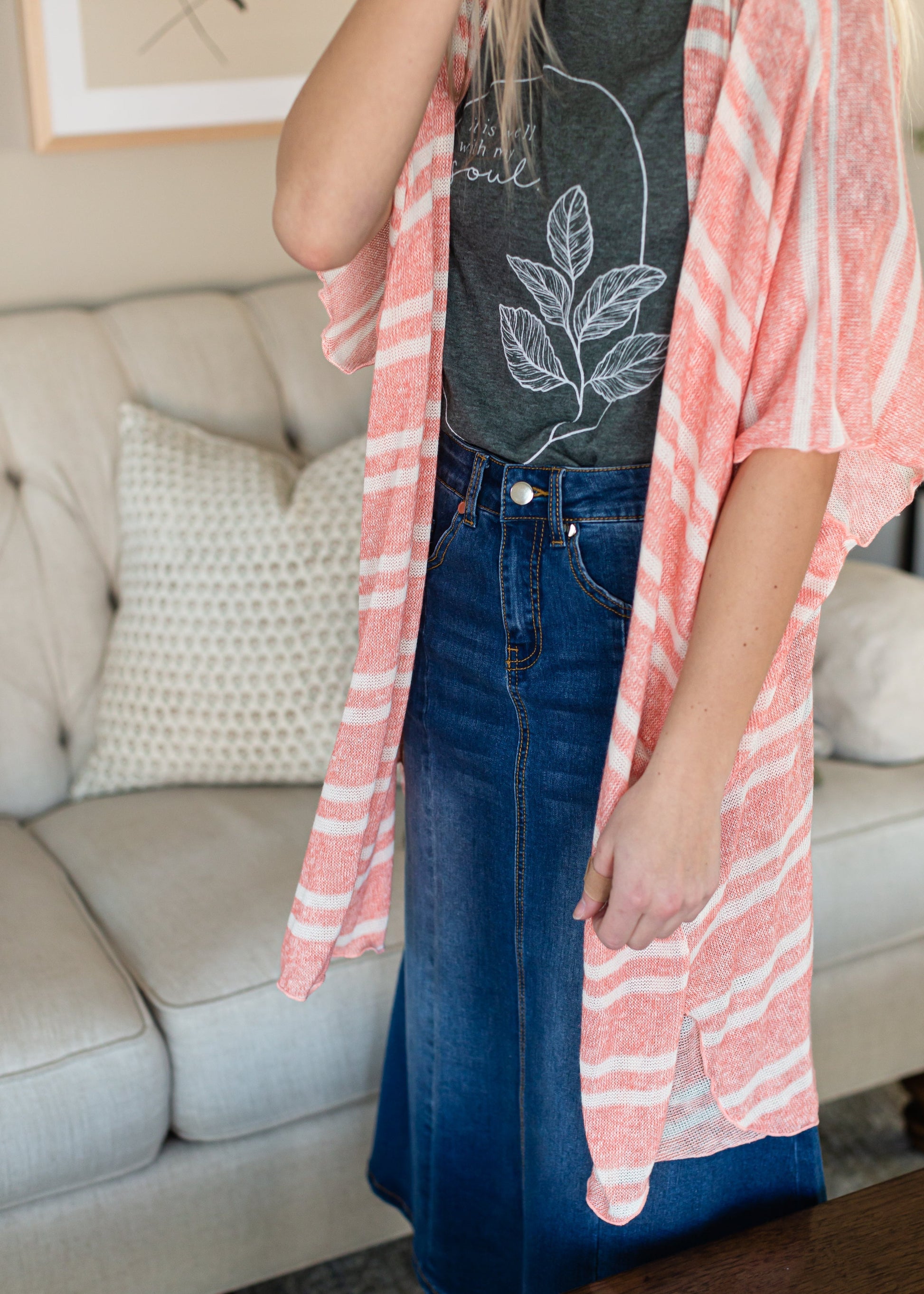 Coral and White Lightweight Striped Cardigan - FINAL SALE Tops