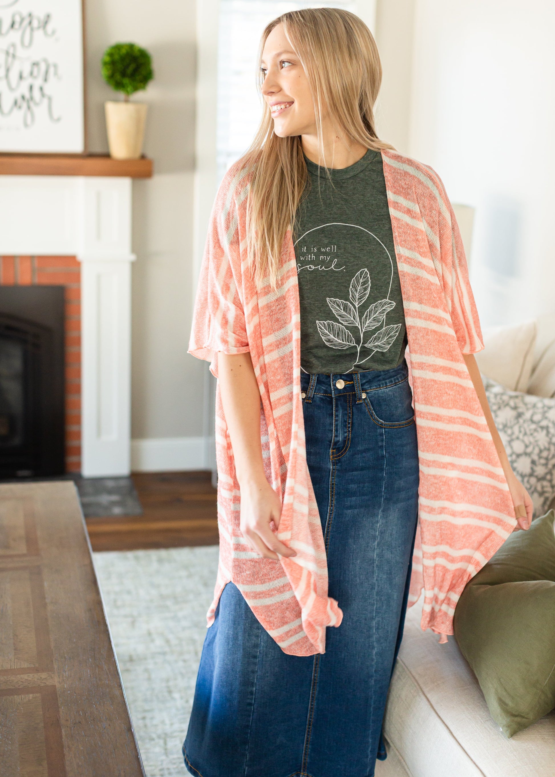 Coral and White Lightweight Striped Cardigan - FINAL SALE Tops
