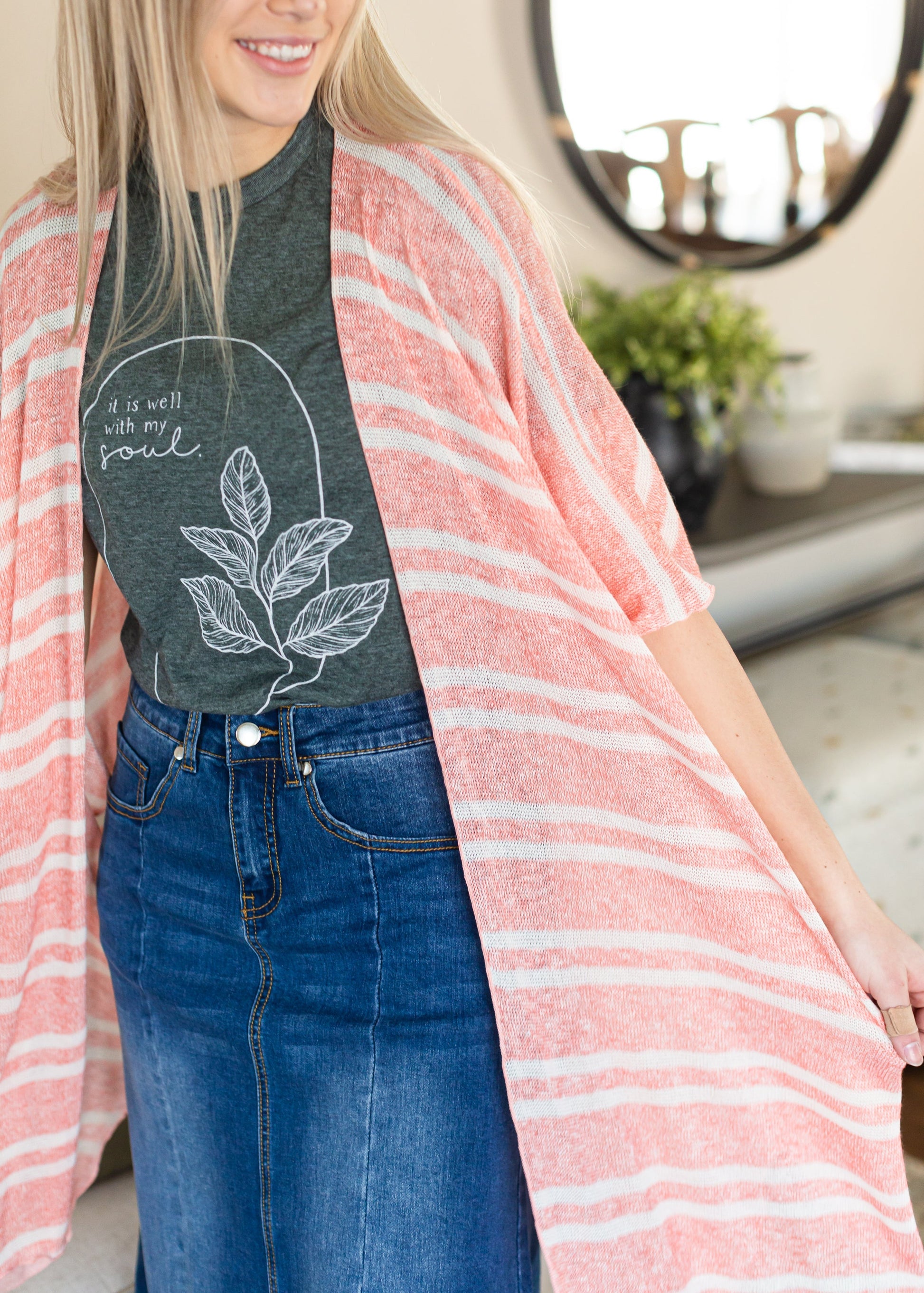 Coral and White Lightweight Striped Cardigan - FINAL SALE Tops
