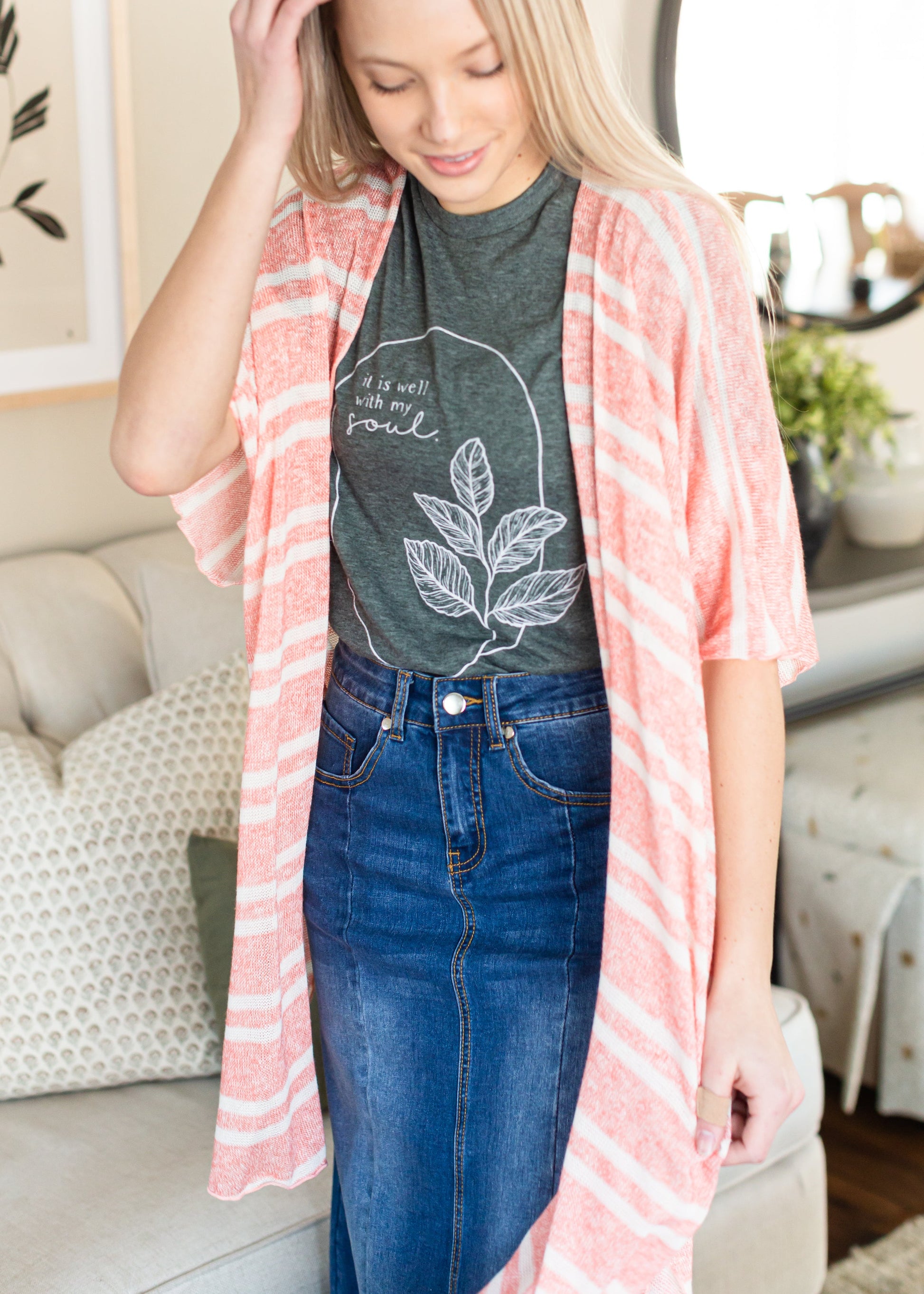 Coral and White Lightweight Striped Cardigan - FINAL SALE Tops