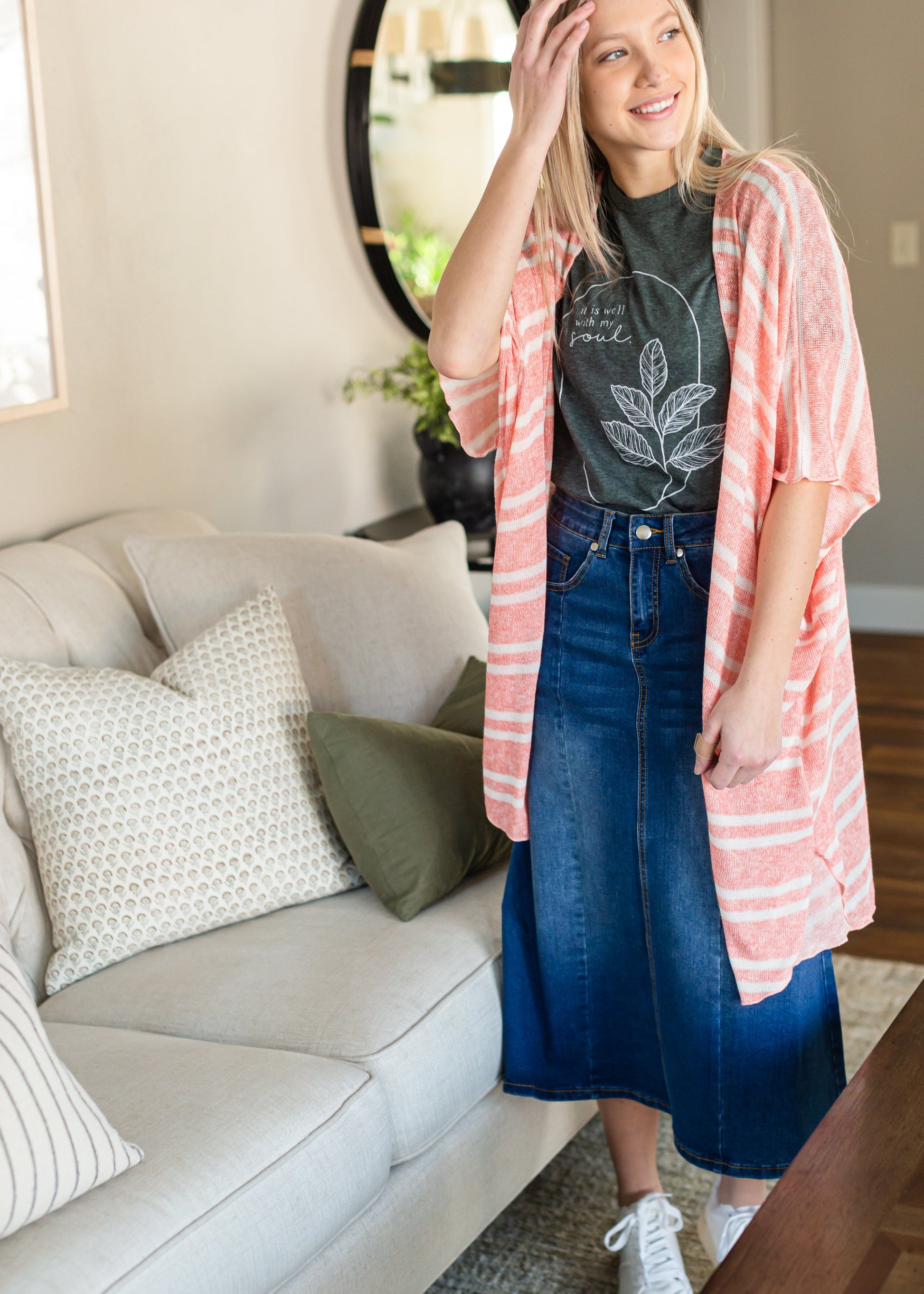 Coral and White Lightweight Striped Cardigan - FINAL SALE Tops