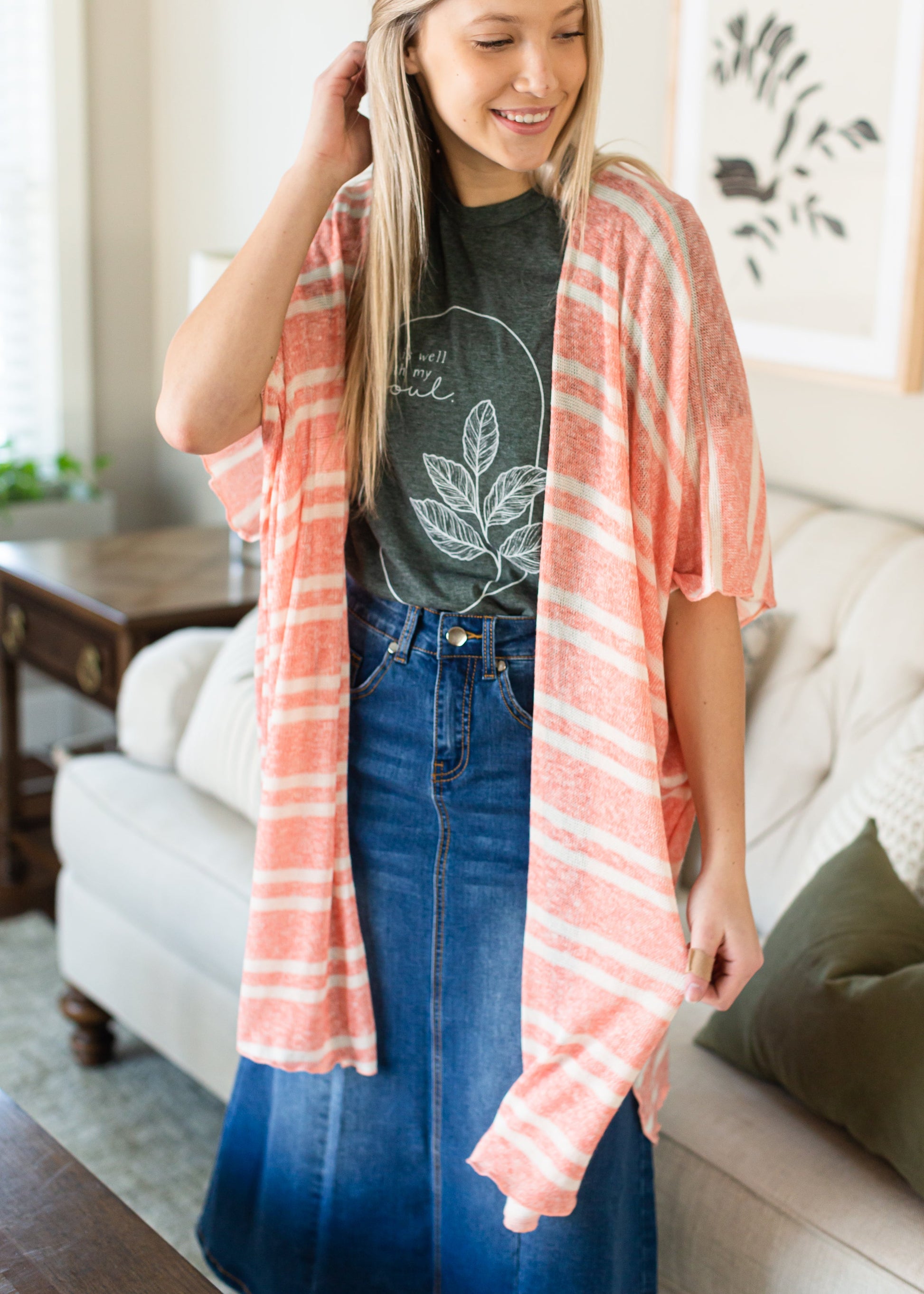 Coral and White Lightweight Striped Cardigan - FINAL SALE Tops