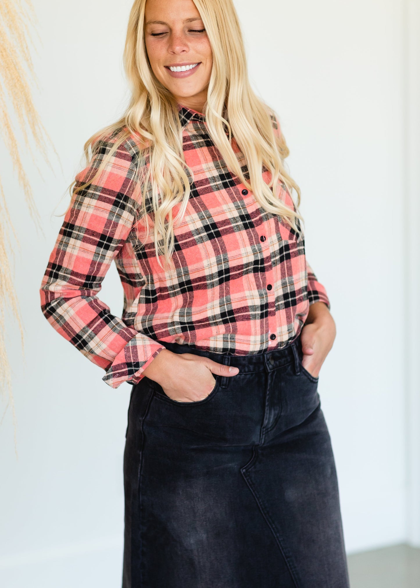 Coral Checkered Plaid Fleece Lined Flannel - FINAL SALE Tops