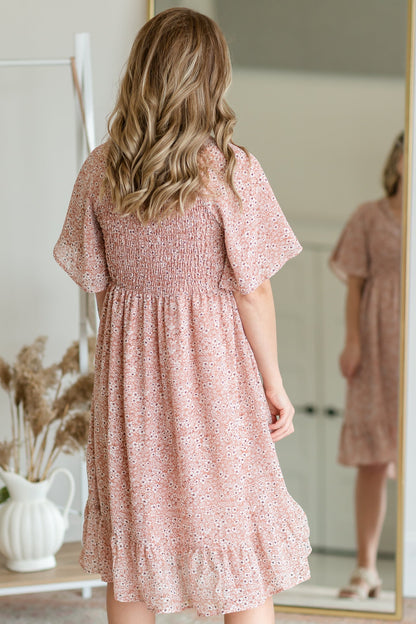 Coral Smocked Top Floral Midi Dress Dresses Mikarose