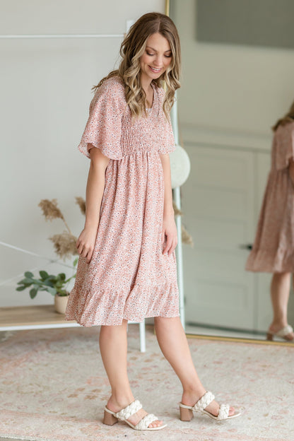 Coral Smocked Top Floral Midi Dress Dresses Mikarose