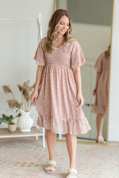 Coral Smocked Top Floral Midi Dress Dresses Mikarose