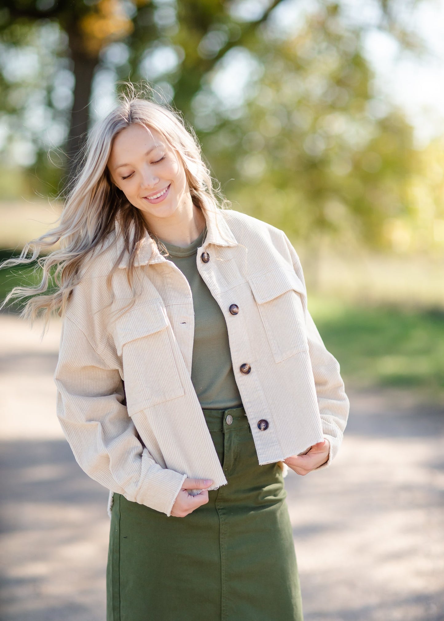 Corduroy Raw Hem Button Up Shacket Tops