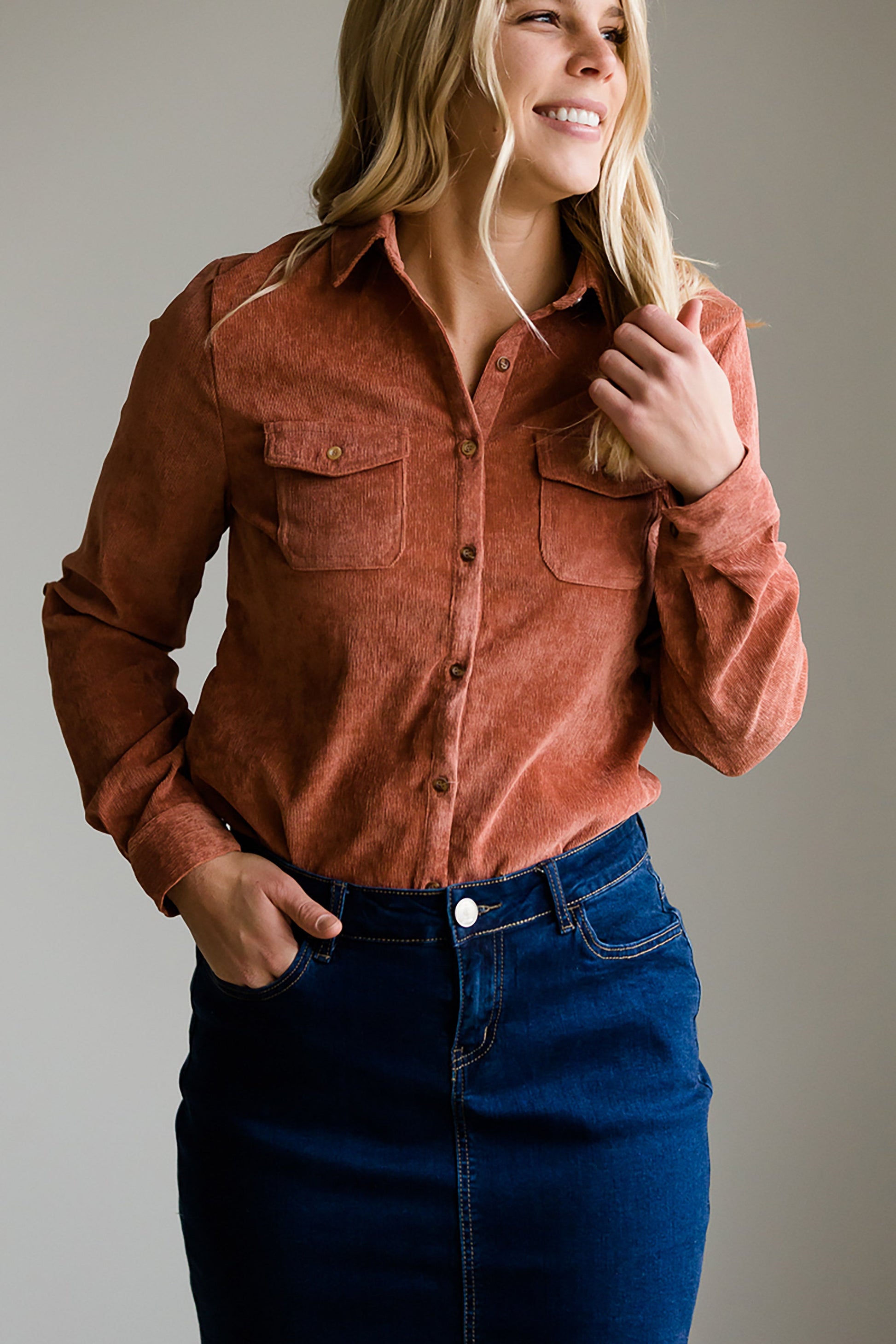 Corduroy Roll Sleeve Top - FINAL SALE Tops