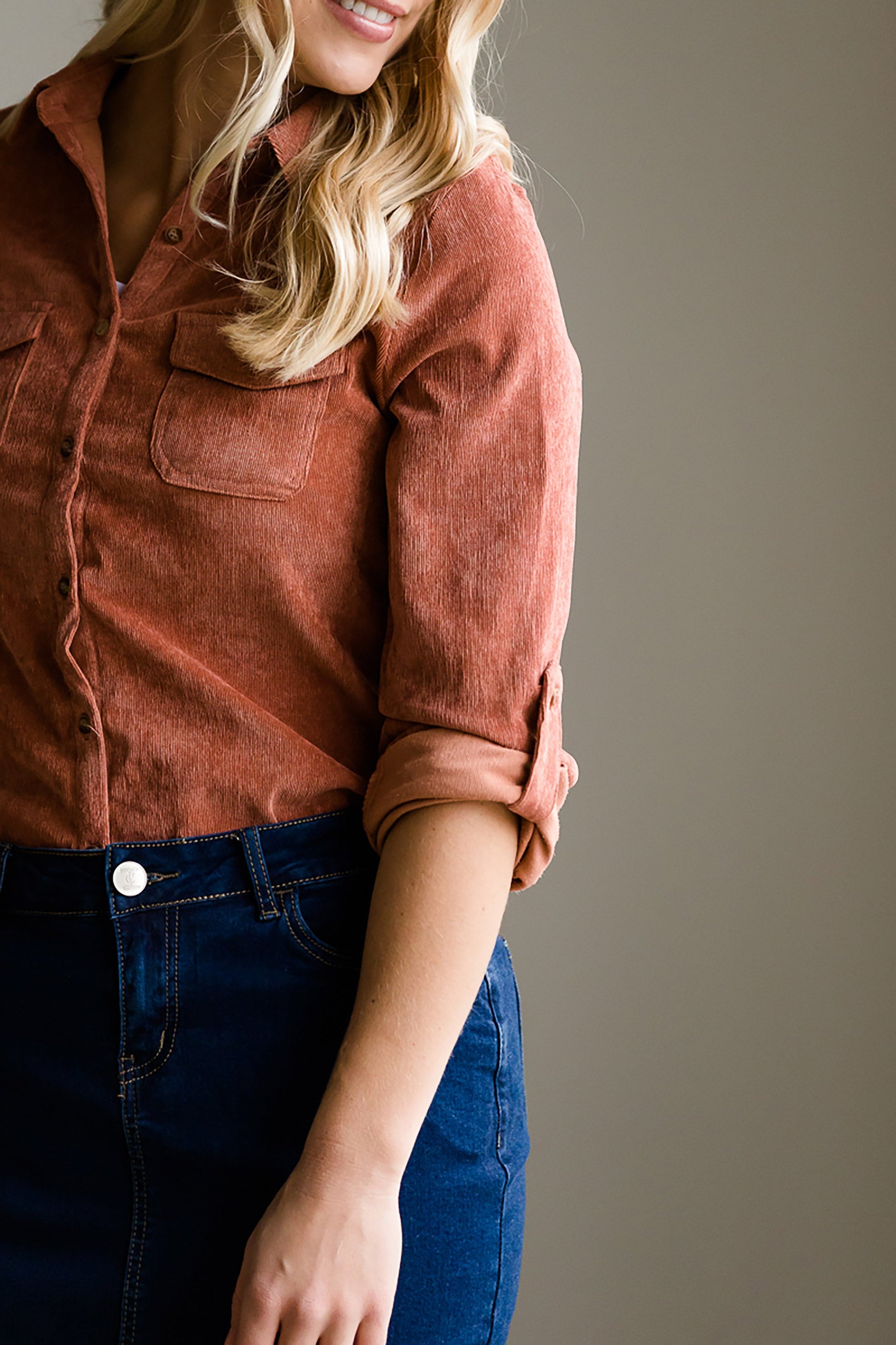Corduroy Roll Sleeve Top - FINAL SALE Tops