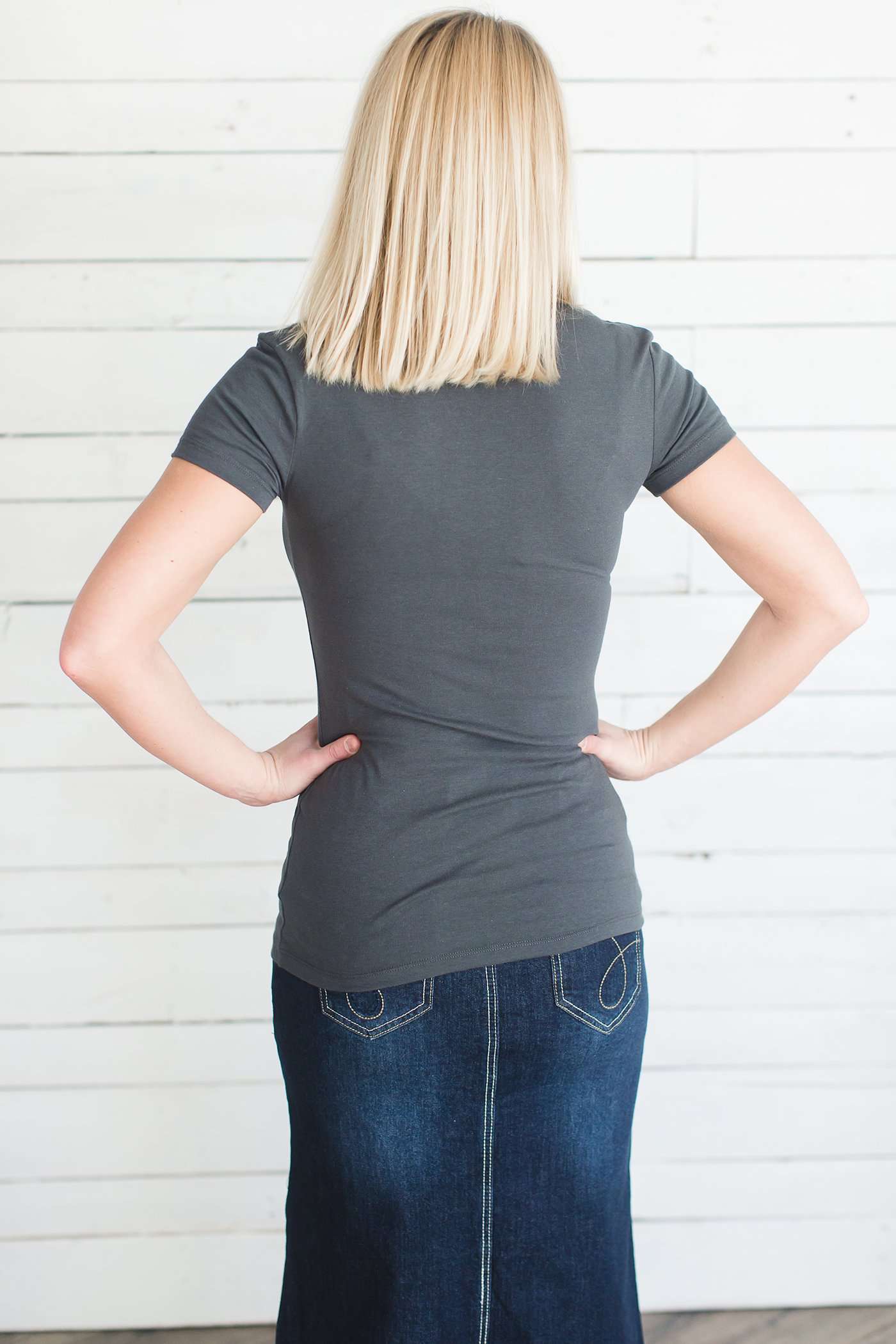 Modest women's layering tee in dark grey, blush, white, navy, teal or salmon.