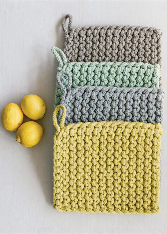 Cotton Crocheted Pot Holders in Gray, Mustard, Mint and Blue