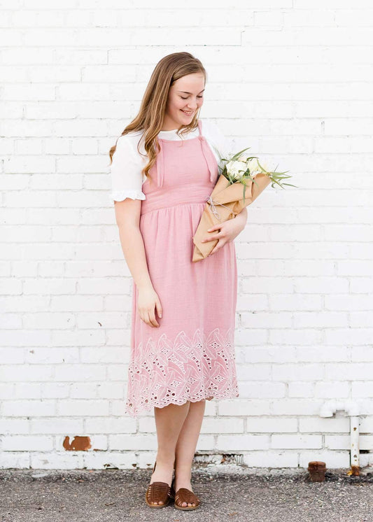 Cotton Overall Tie Embroidered Hem Midi Dress - FINAL SALE Dresses