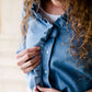 Modest women's 3/4 sleeve chambray ruffle blouse