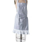 gray and white women's apron with white ruffles