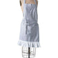 gray and white women's apron with white ruffles