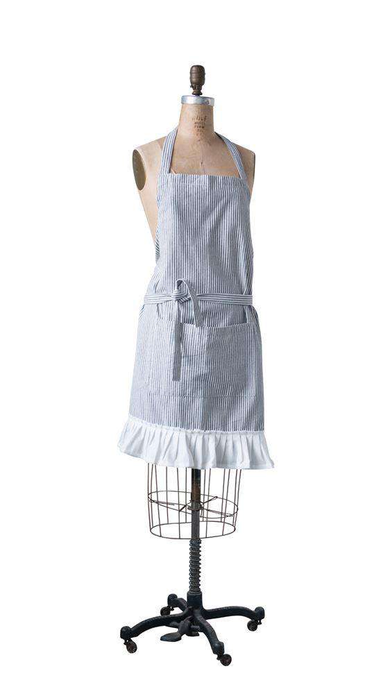 gray and white women's apron with white ruffles
