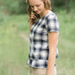 Red or Navy checked country plaid short sleeve top with ruffle back and bottom.