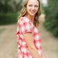 Red or Navy checked country plaid short sleeve top with ruffle back and bottom.
