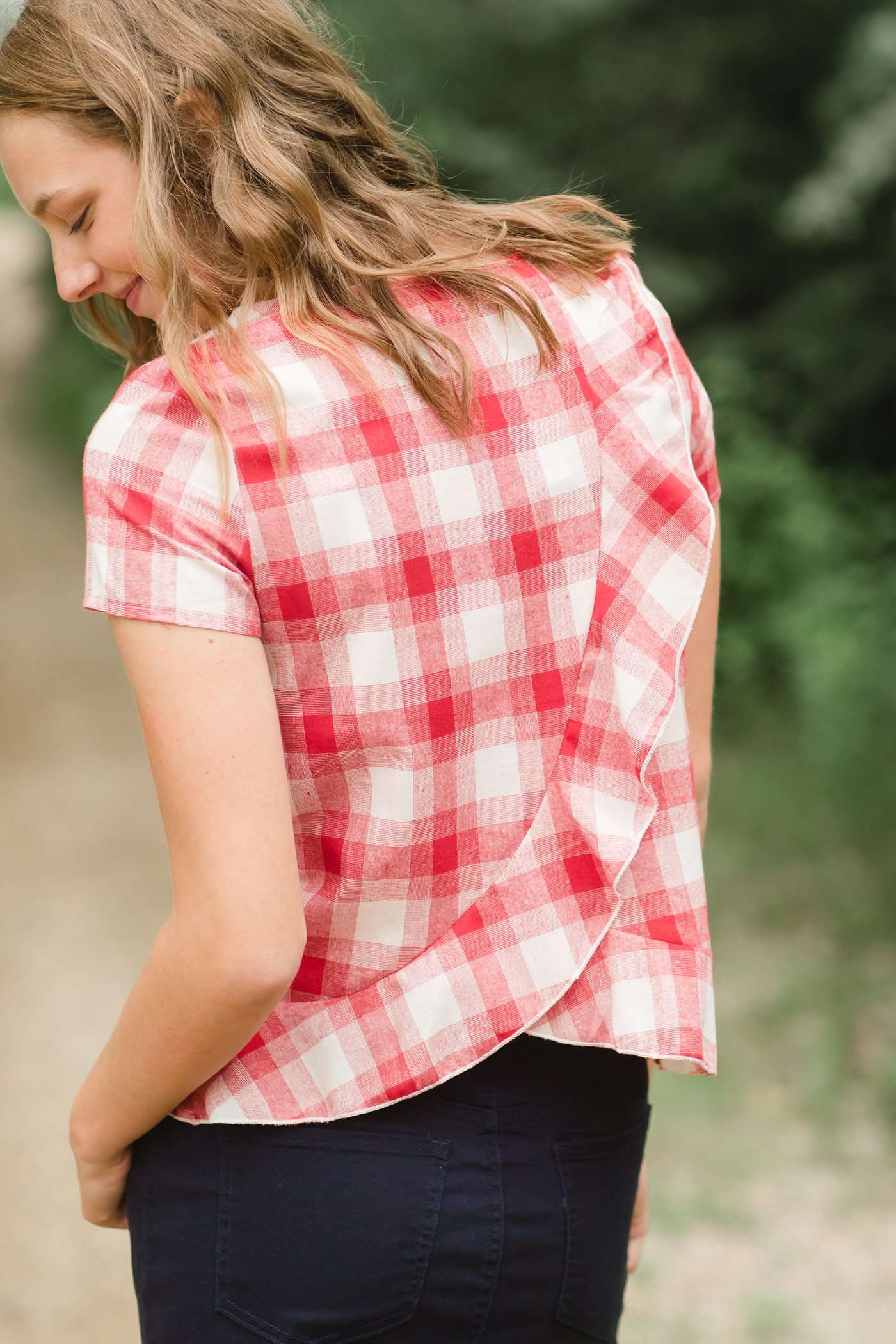 Red or Navy checked country plaid short sleeve top with ruffle back and bottom.