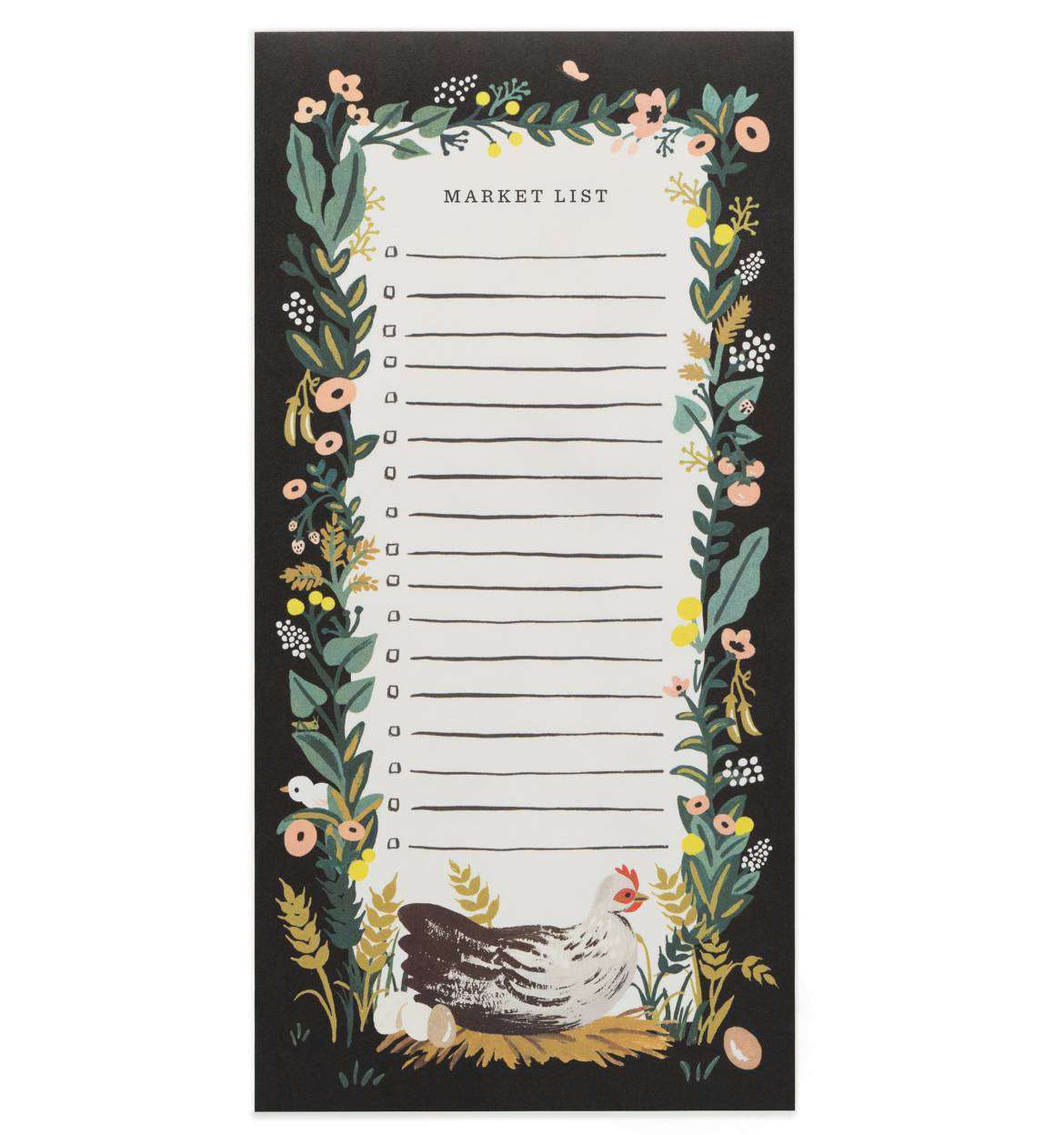 Modest gifts market tear off shopping list black with chickens and floral