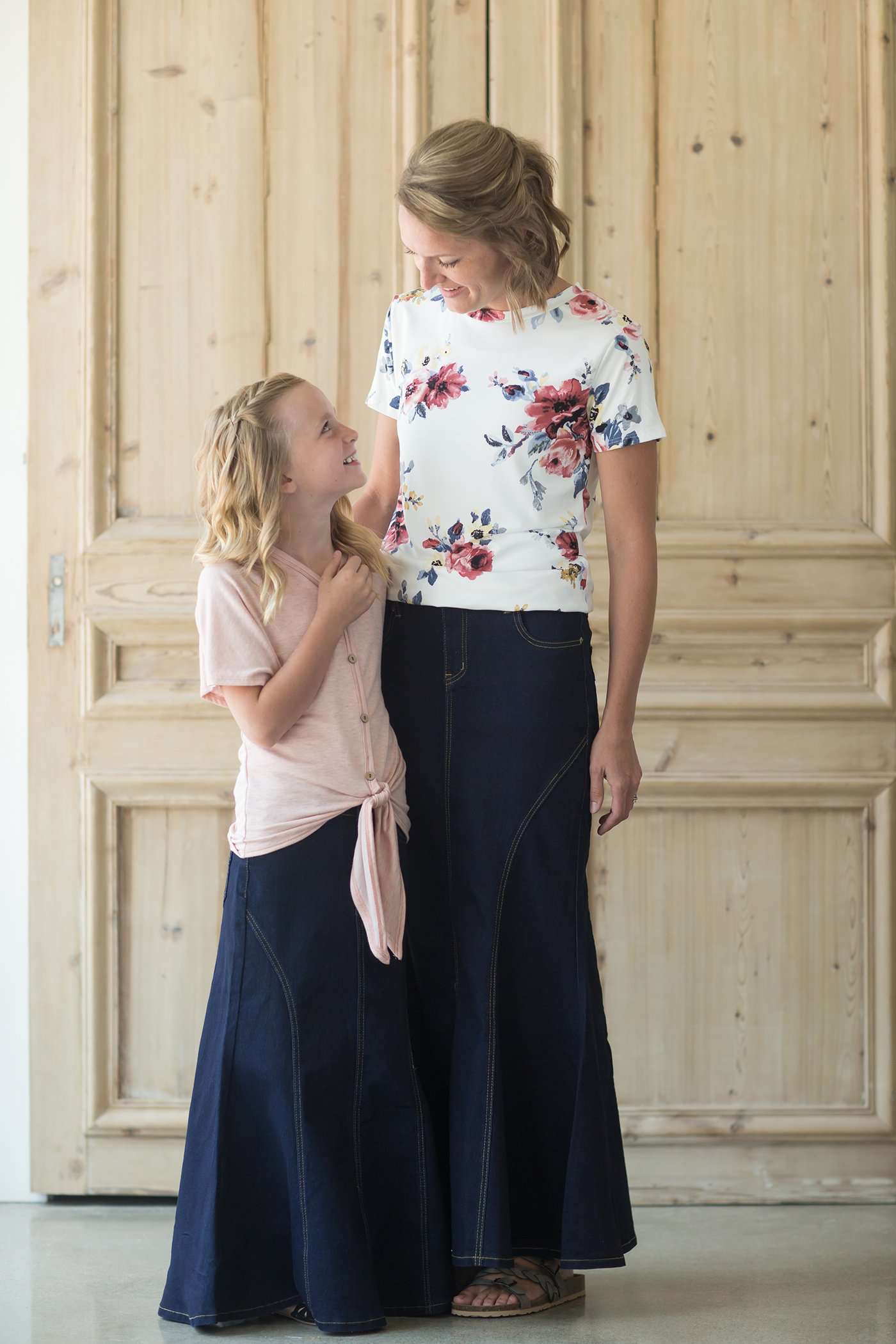 Modest women's country flare maxi skirt in a dark indigo wash.