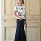 Modest women's country flare maxi skirt in a dark indigo wash.