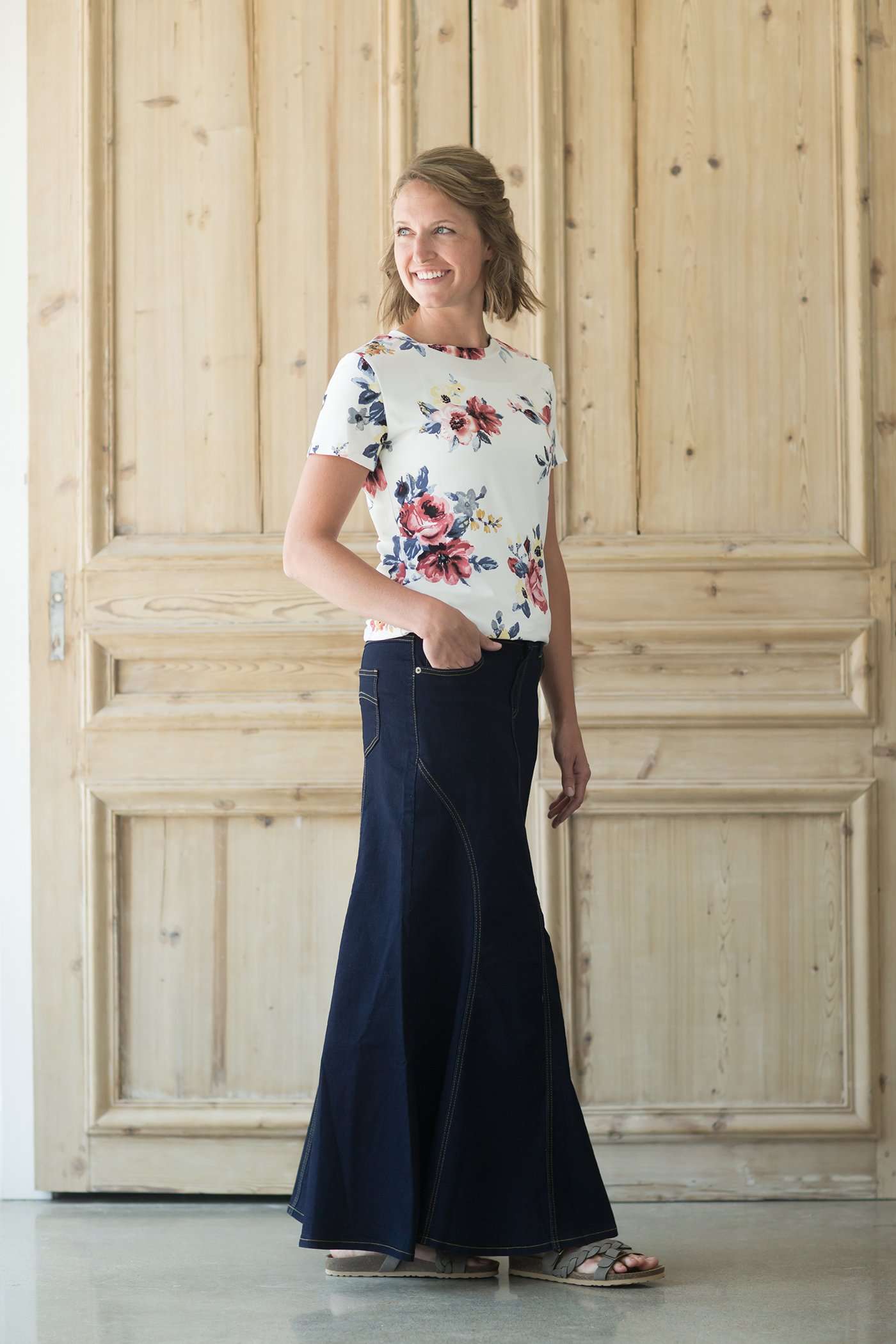 Modest women's country flare maxi skirt in a dark indigo wash.