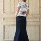 Modest women's country flare maxi skirt in a dark indigo wash.