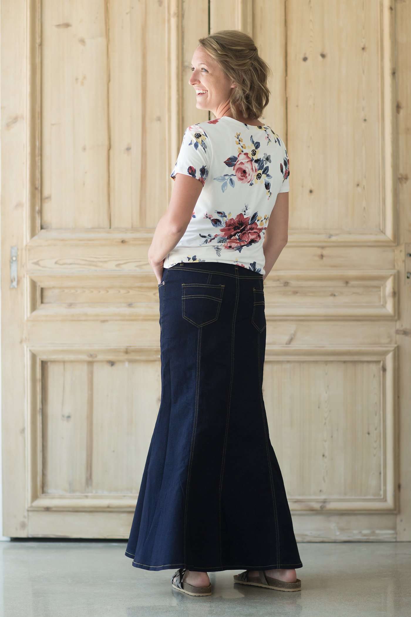 Modest women's country flare maxi skirt in a dark indigo wash.