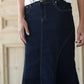 Modest women's country flare maxi skirt in a dark indigo wash.
