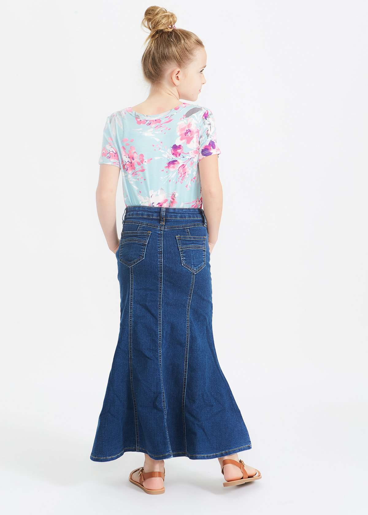 Modest girls country flare maxi skirt in a medium indigo wash.