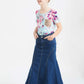 Modest girls country flare maxi skirt in a medium indigo wash.