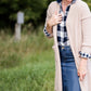 cozy sherpa long duster cardigan in taupe