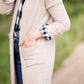 cozy sherpa long duster cardigan in taupe