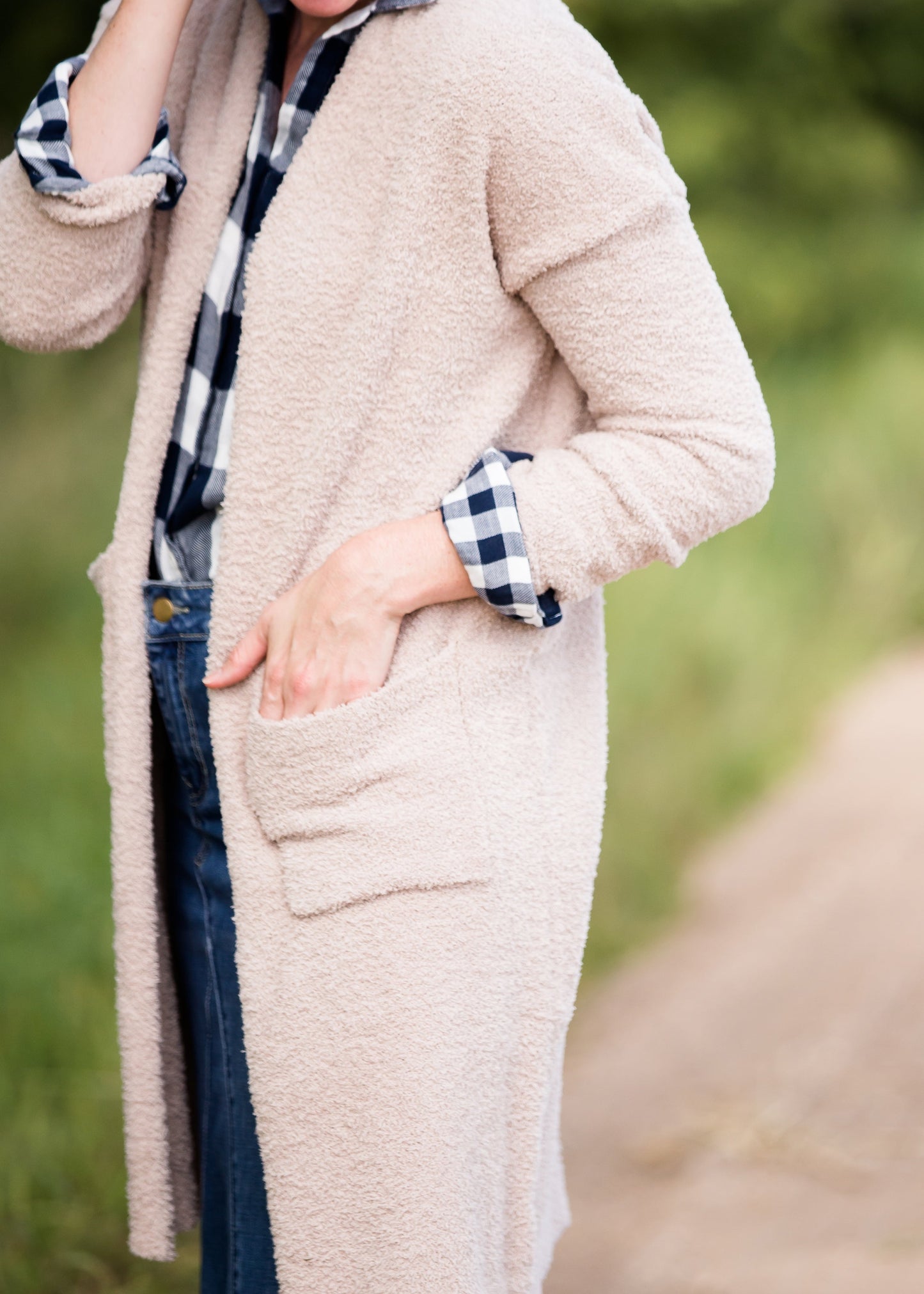 cozy sherpa long duster cardigan in taupe