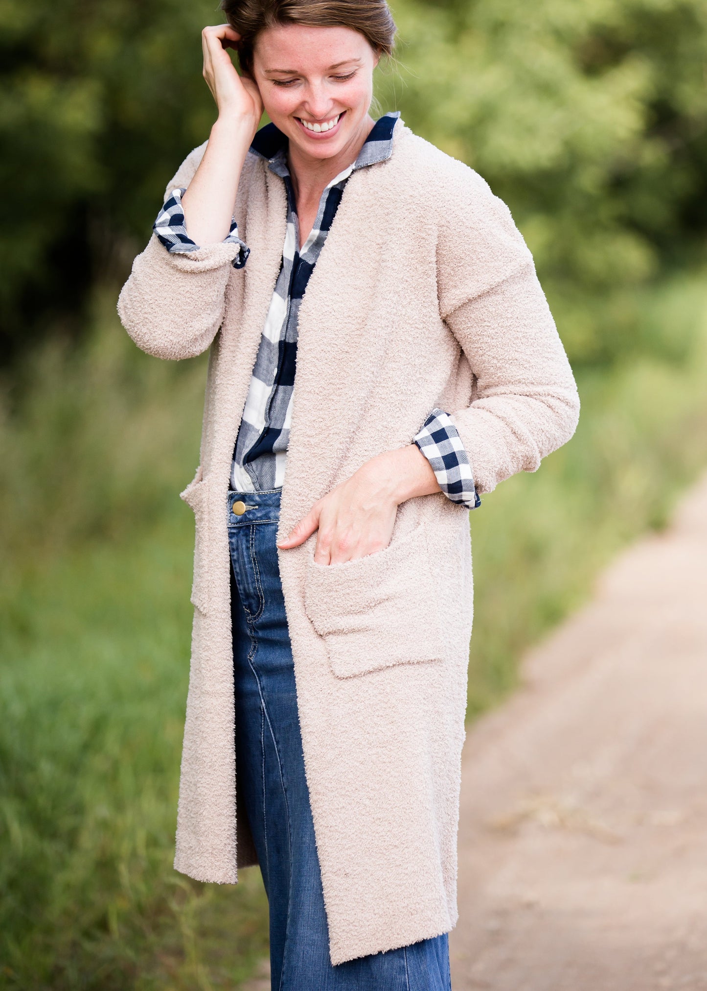 cozy sherpa long duster cardigan in taupe
