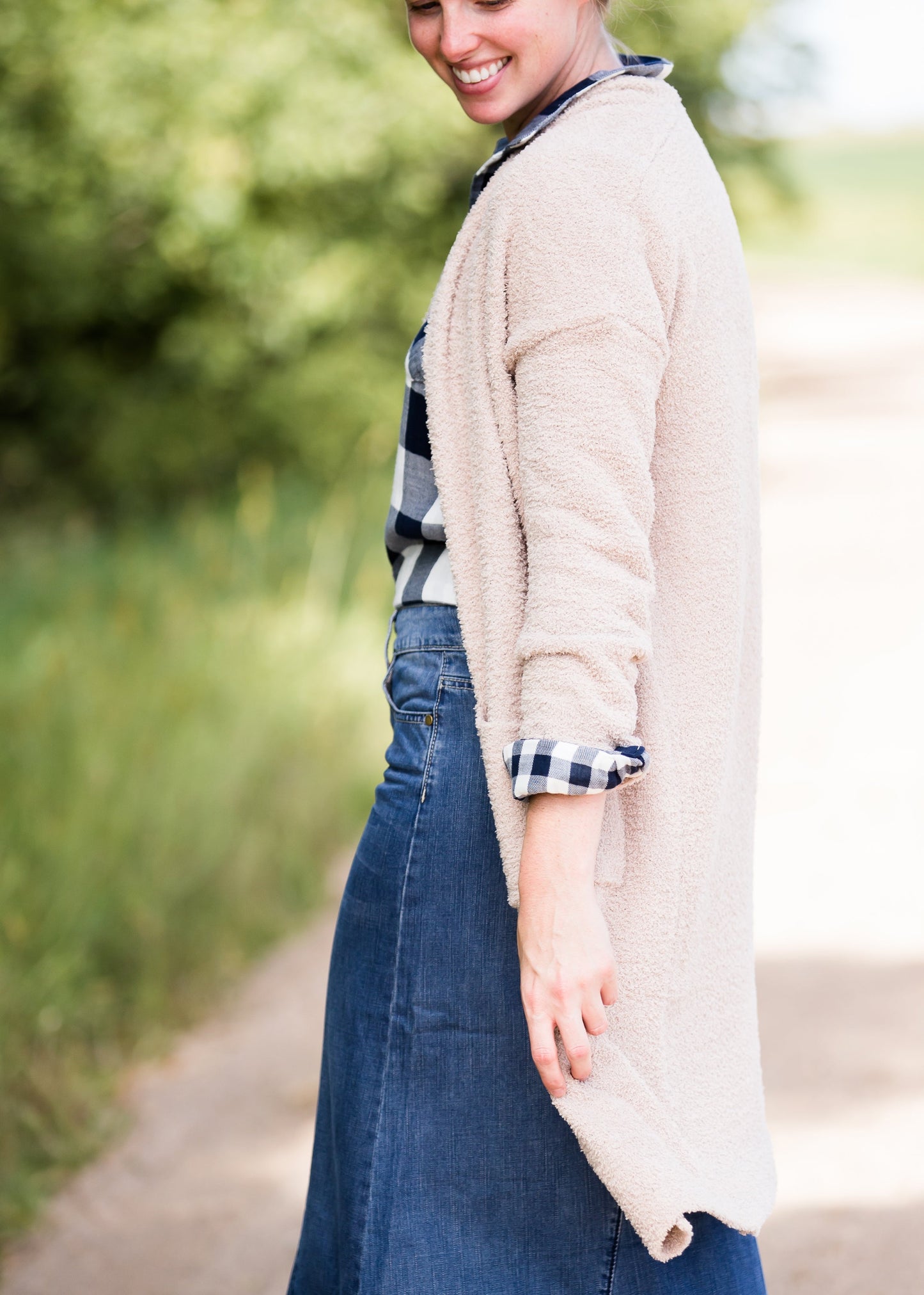 cozy sherpa long duster cardigan in taupe