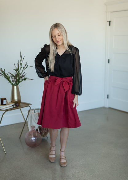 Cranberry Tie Waist Midi Skirt Skirts Mikarose