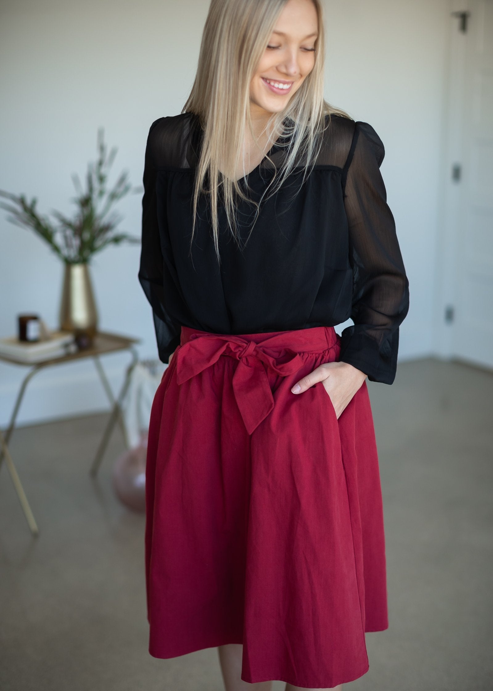 Cranberry Tie Waist Midi Skirt Skirts Mikarose