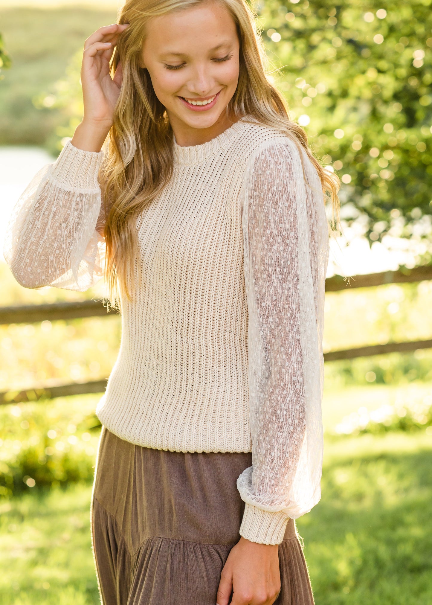 Cream Crochet Sweater W/ Sheer Sleeves Tops