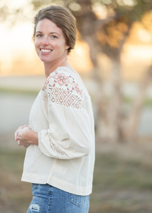 Cream Embroidered Shoulder Top Tops