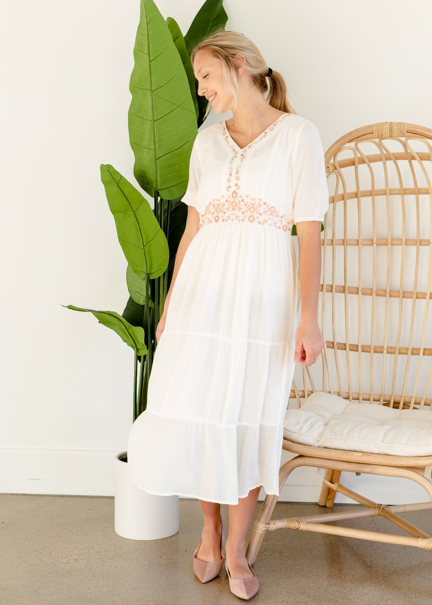 Cream Embroidered Tiered Midi Dress Dresses