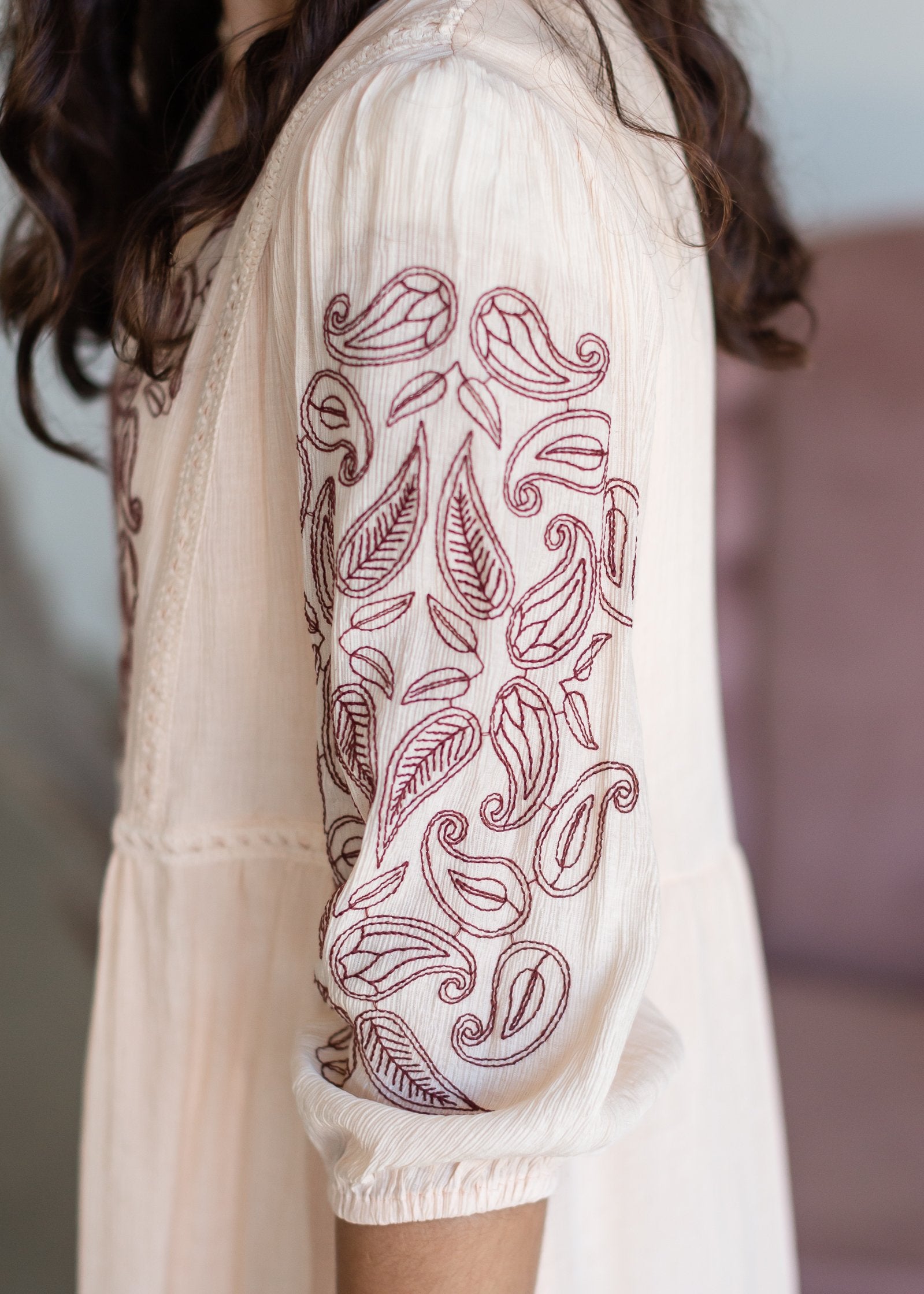 Cream Embroidered V-Neck Midi Dress Dresses Polagram