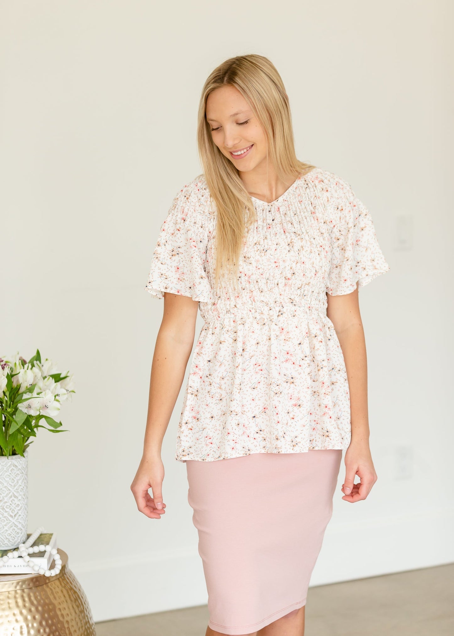 Cream Floral Smocked Top - FINAL SALE Tops