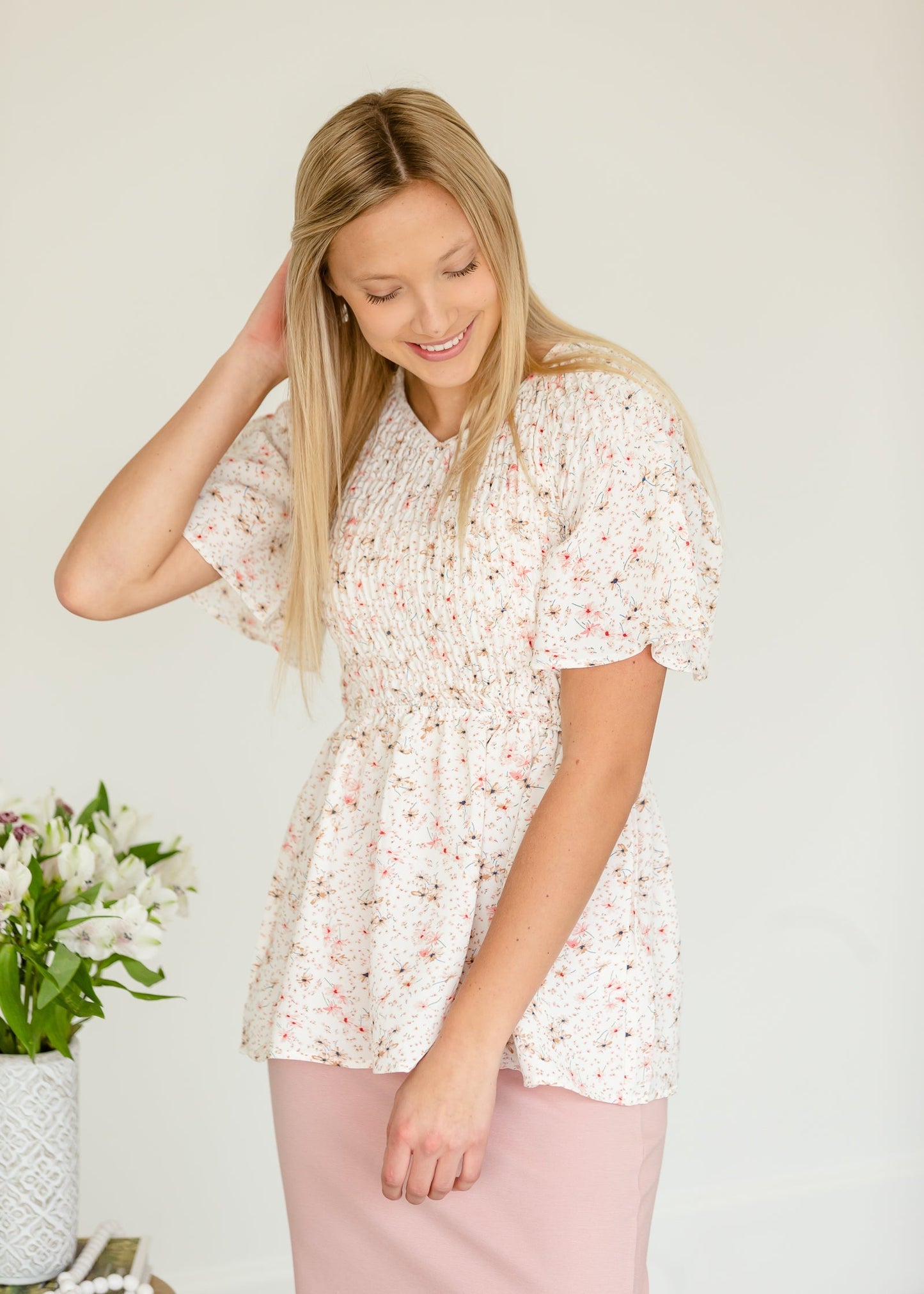 Cream Floral Smocked Top - FINAL SALE Tops
