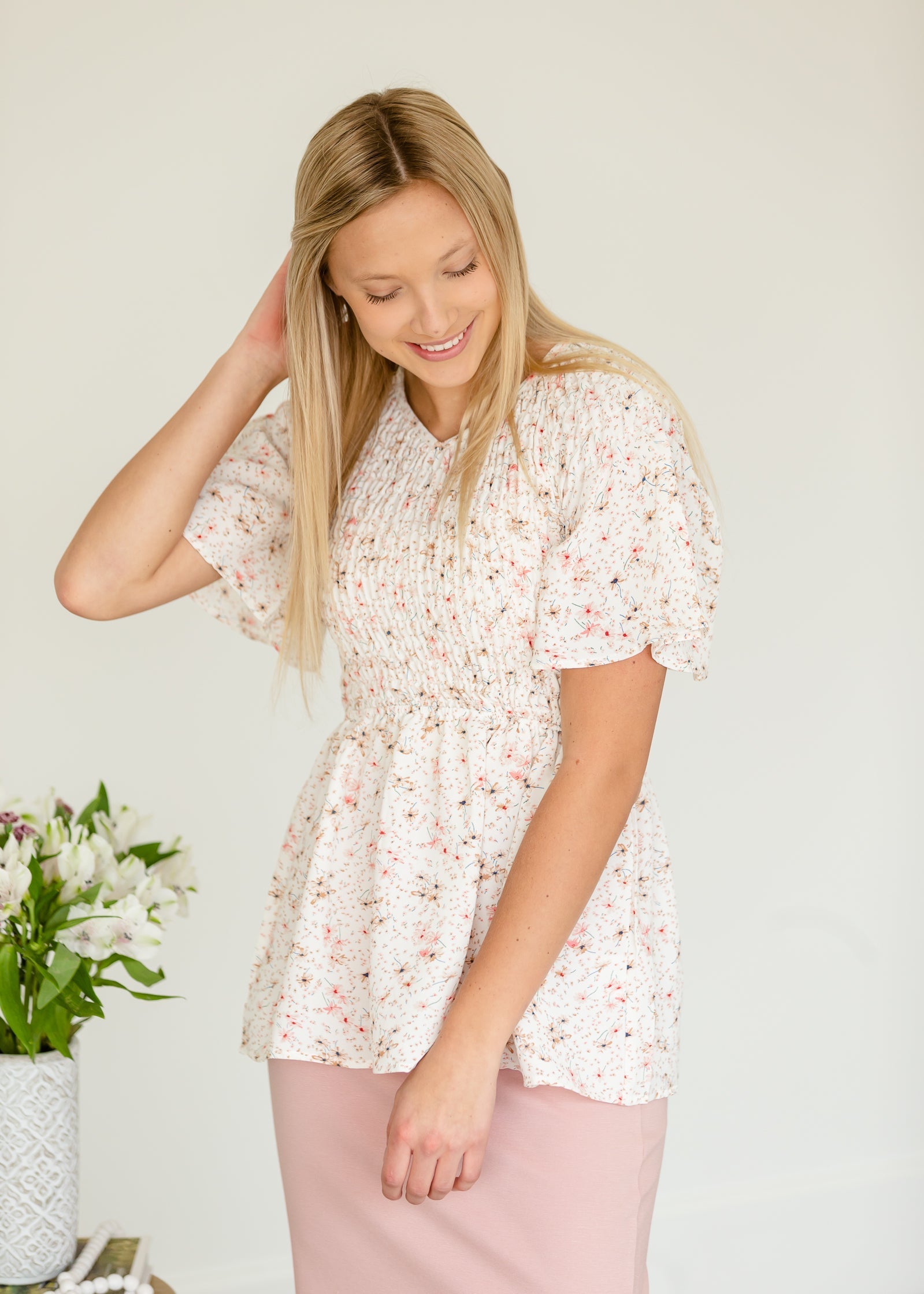 Cream Floral Smocked Top - FINAL SALE Tops